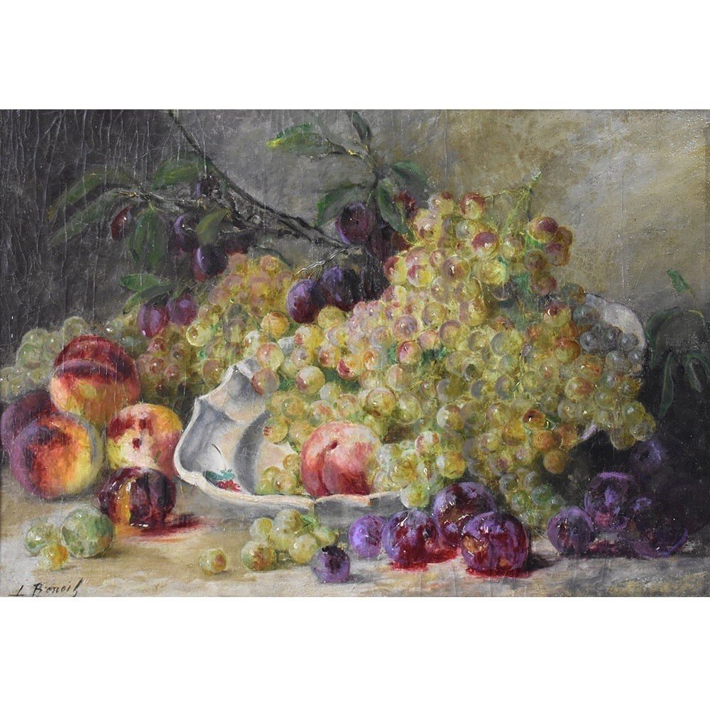 Still Life Oil Painting, Still Life With Fruit, Peaches And  White Grapes, XIX . (qnm616)-photo-2