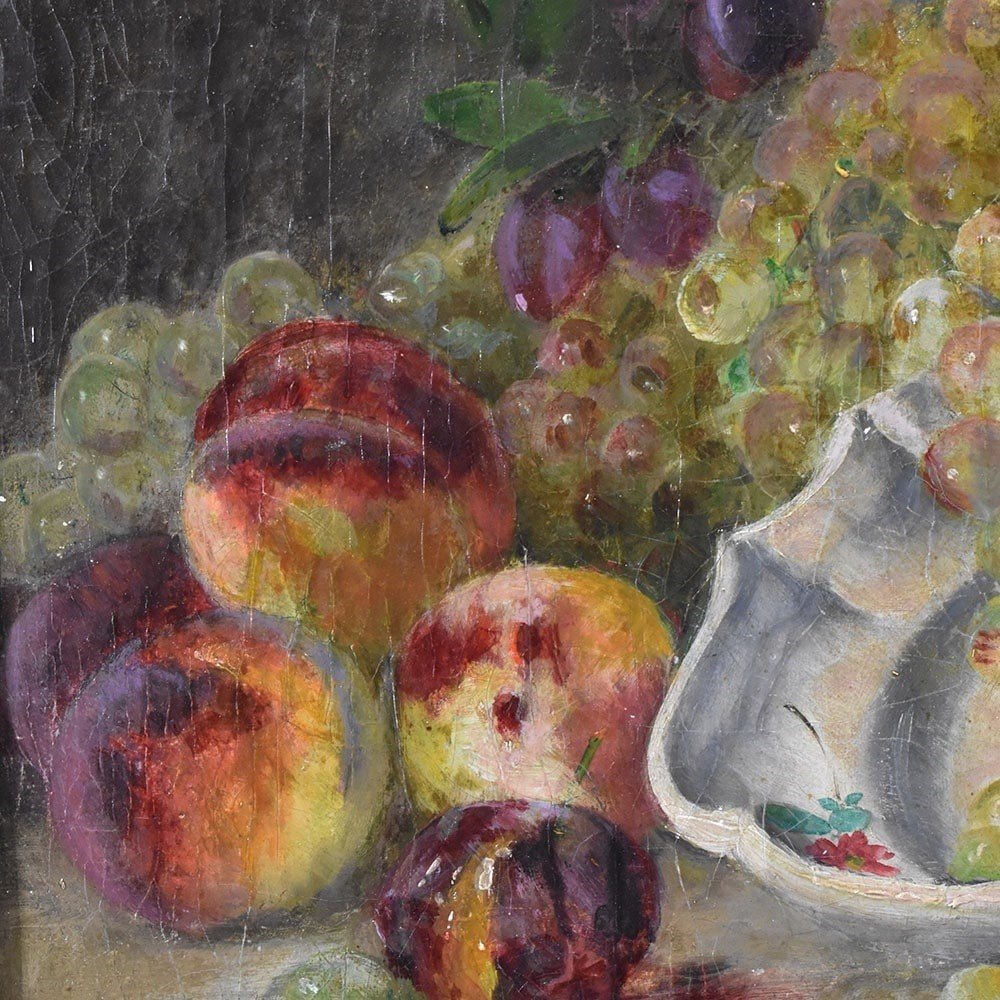 Still Life Oil Painting, Still Life With Fruit, Peaches And  White Grapes, XIX . (qnm616)-photo-1