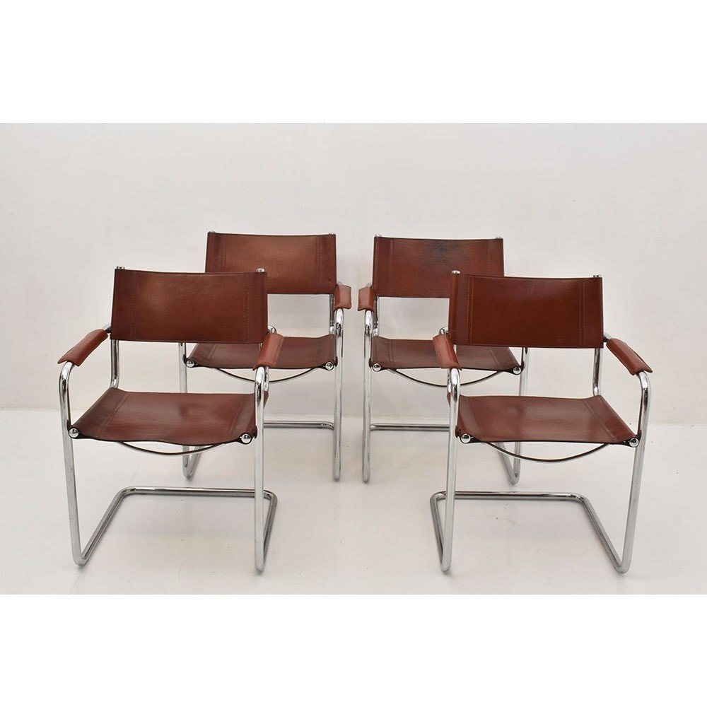 Quatre Fauteuils De Matteo Grassi En Cuir Marron, Des Années 1970. (SED38) -photo-2