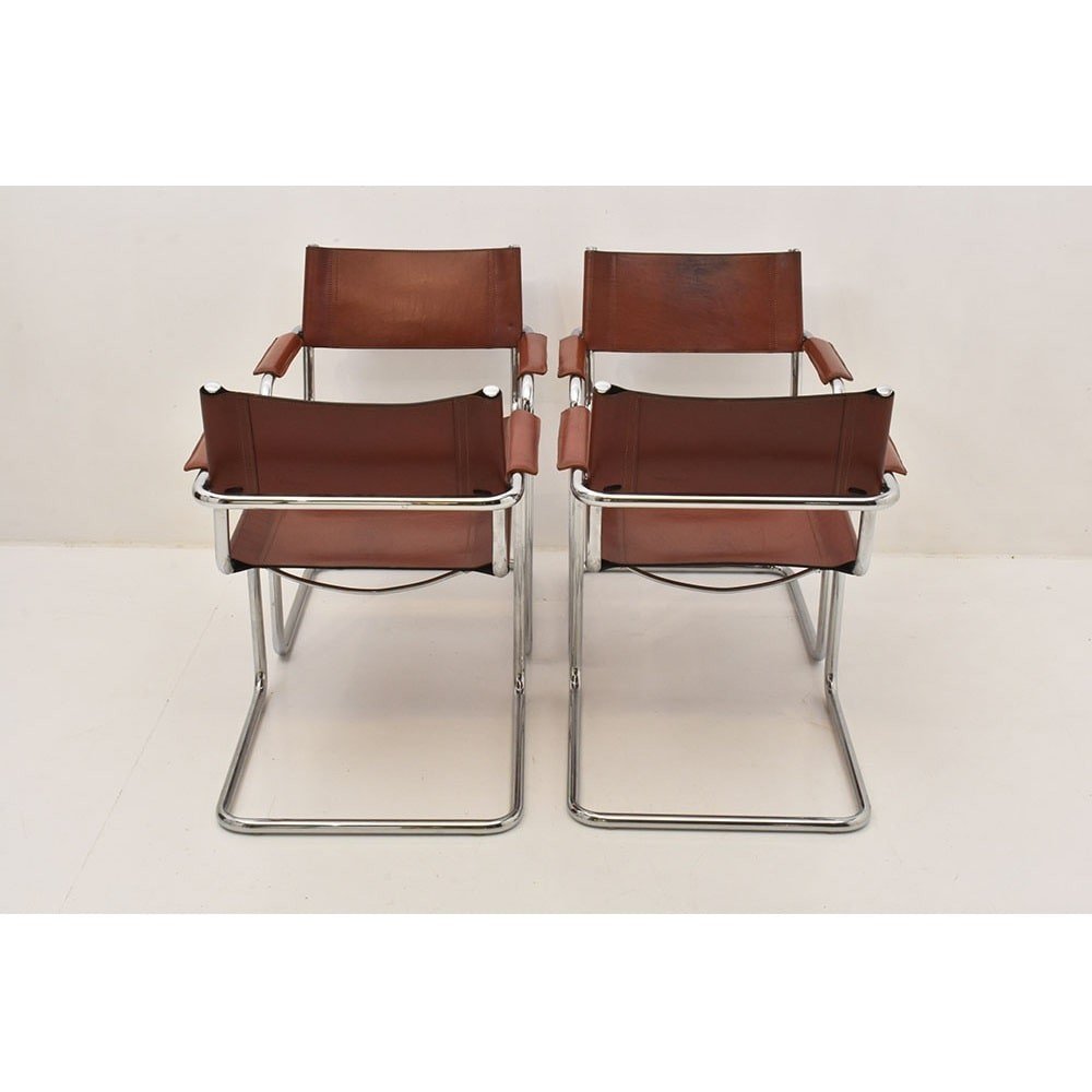 Quatre Fauteuils De Matteo Grassi En Cuir Marron, Des Années 1970. (SED38) -photo-4