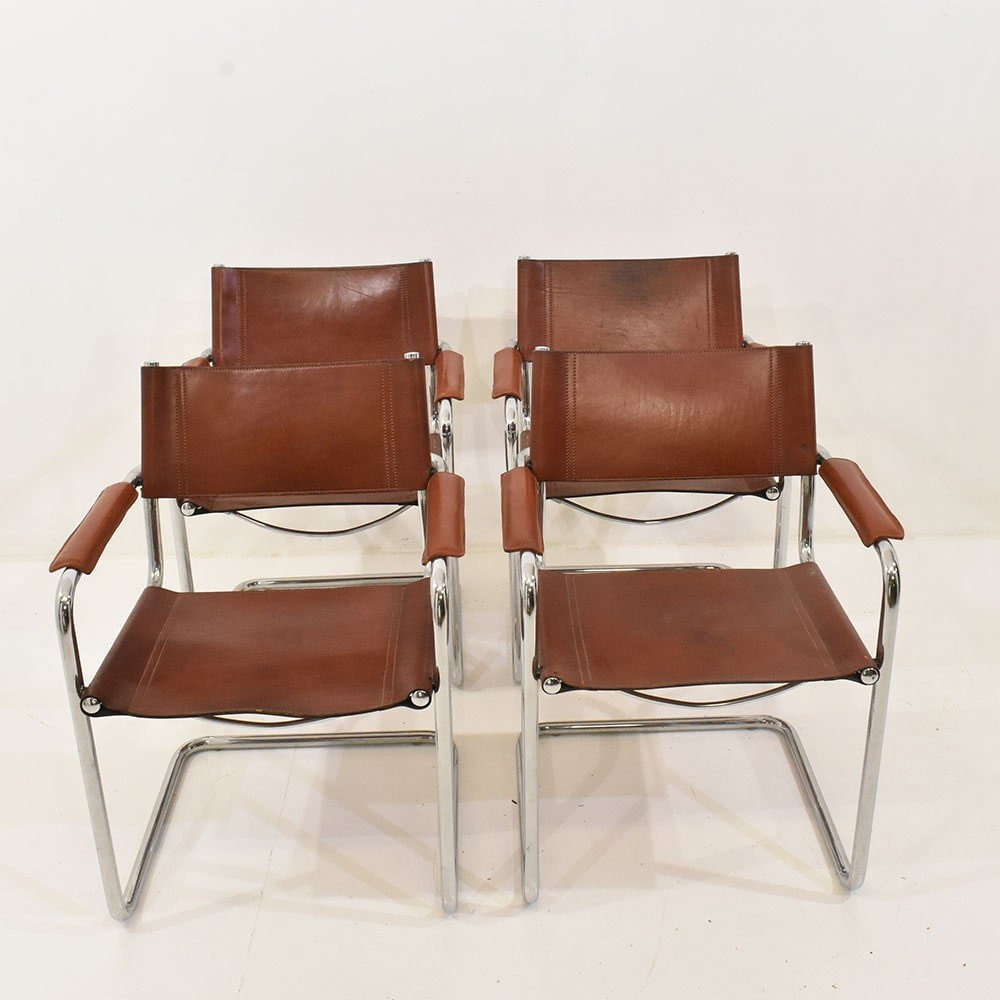 Quatre Fauteuils De Matteo Grassi En Cuir Marron, Des Années 1970. (SED38) -photo-1