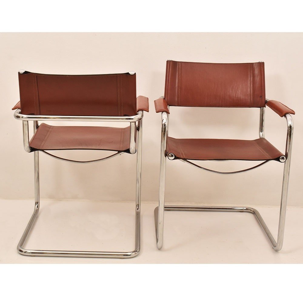 Quatre Fauteuils De Matteo Grassi En Cuir Marron, Des Années 1970. (SED38) -photo-3