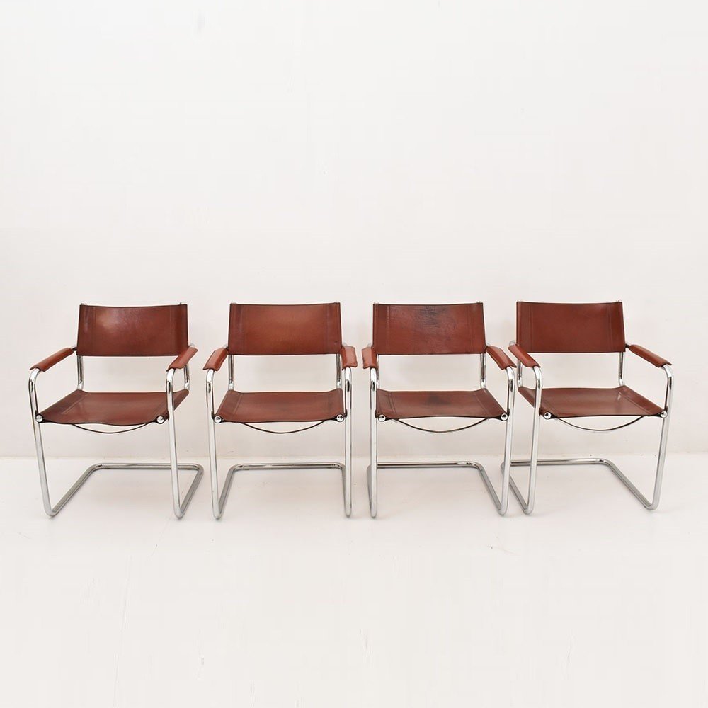 Quatre Fauteuils De Matteo Grassi En Cuir Marron, Des Années 1970. (SED38) 