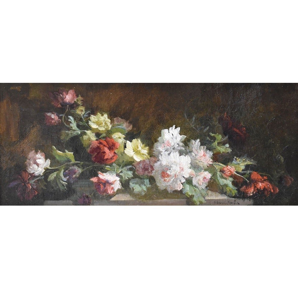 Antique Flower Painting, Small Rose Flowers, Oil On Canvas, 19th Century. (qf600)-photo-2