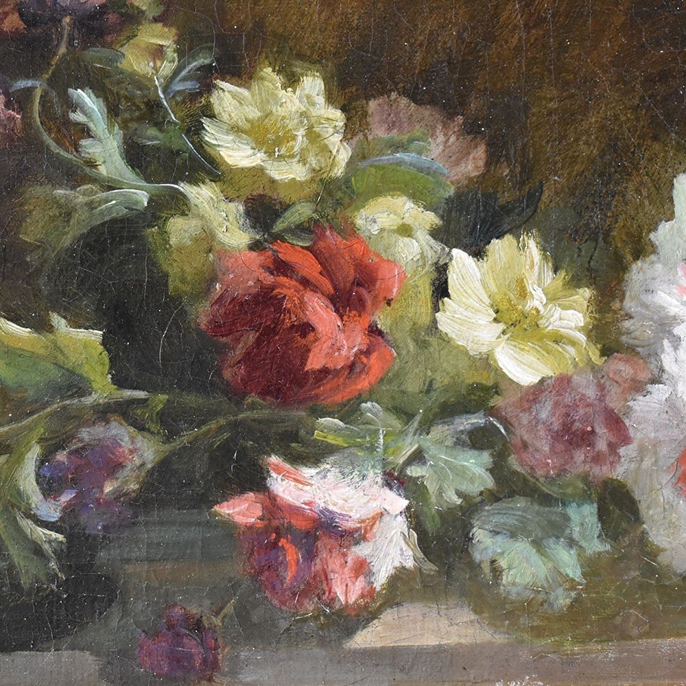 Antique Flower Painting, Small Rose Flowers, Oil On Canvas, 19th Century. (qf600)-photo-3