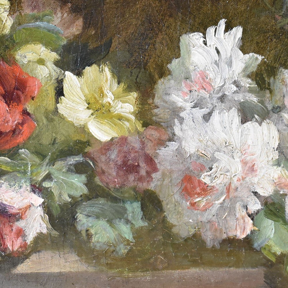 Antique Flower Painting, Small Rose Flowers, Oil On Canvas, 19th Century. (qf600)-photo-1