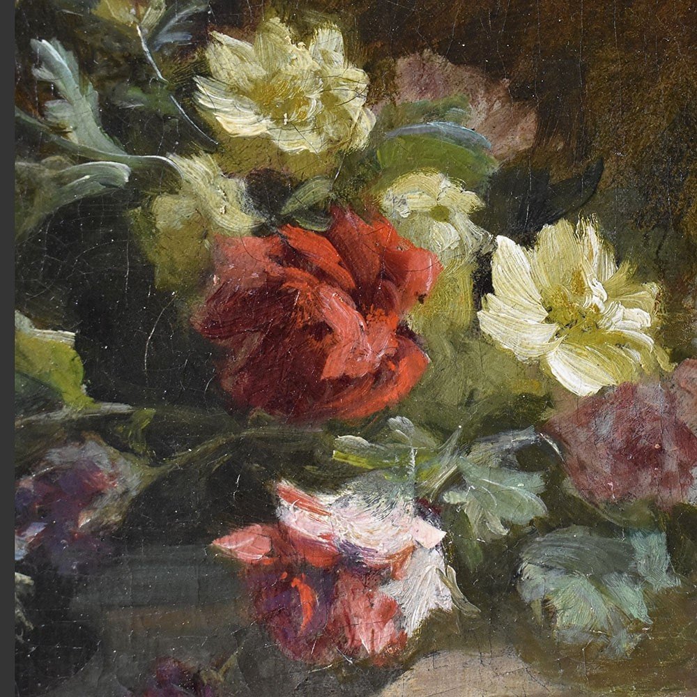 Antique Flower Painting, Small Rose Flowers, Oil On Canvas, 19th Century. (qf600)-photo-2