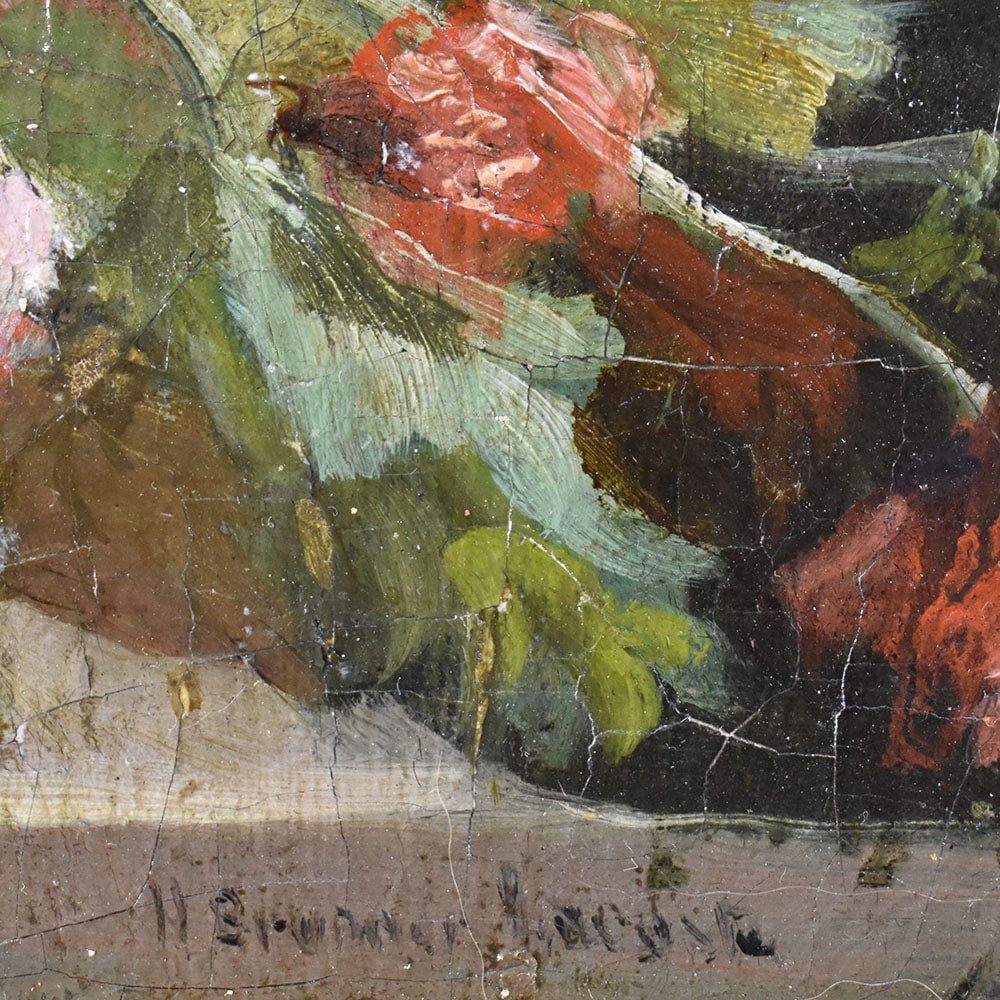 Antique Flower Painting, Small Rose Flowers, Oil On Canvas, 19th Century. (qf600)-photo-3