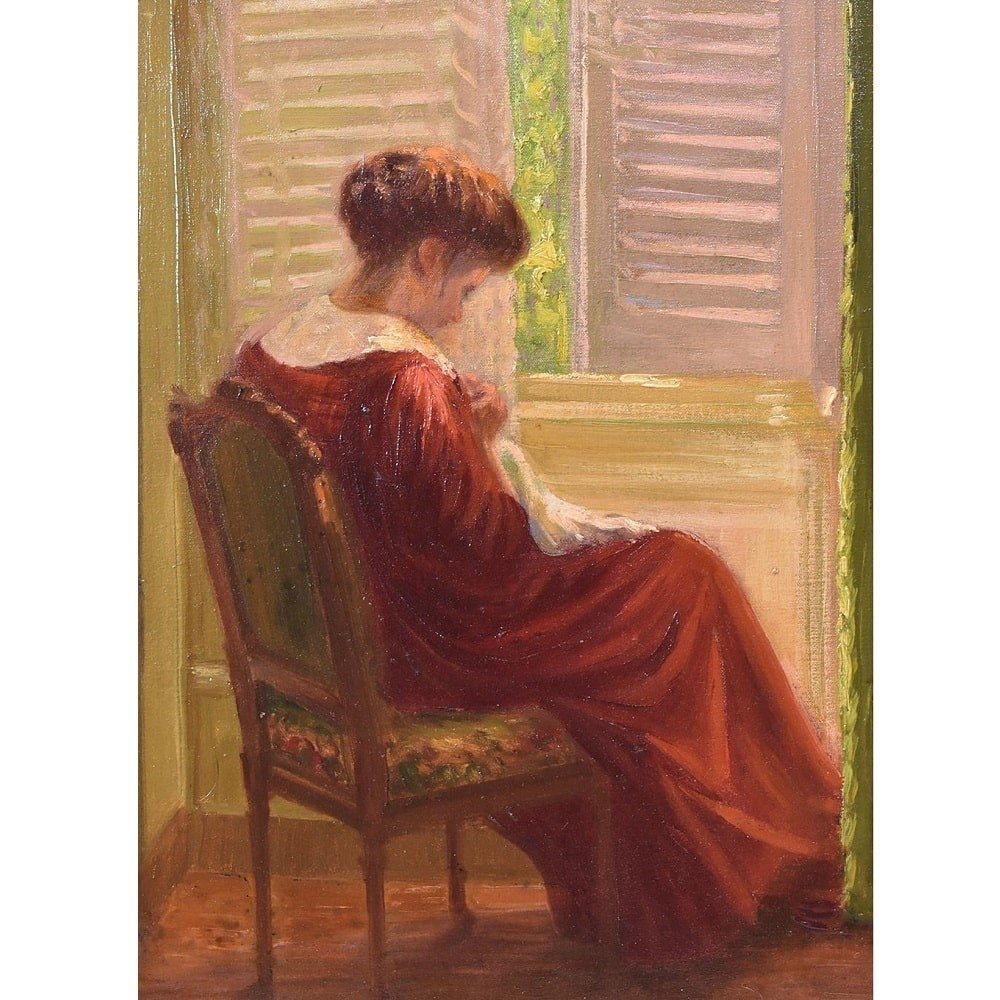 Antique Woman Portrait Painting, Young Woman Sewing, Oil On Canvas, XX Century. (qr604) -photo-2