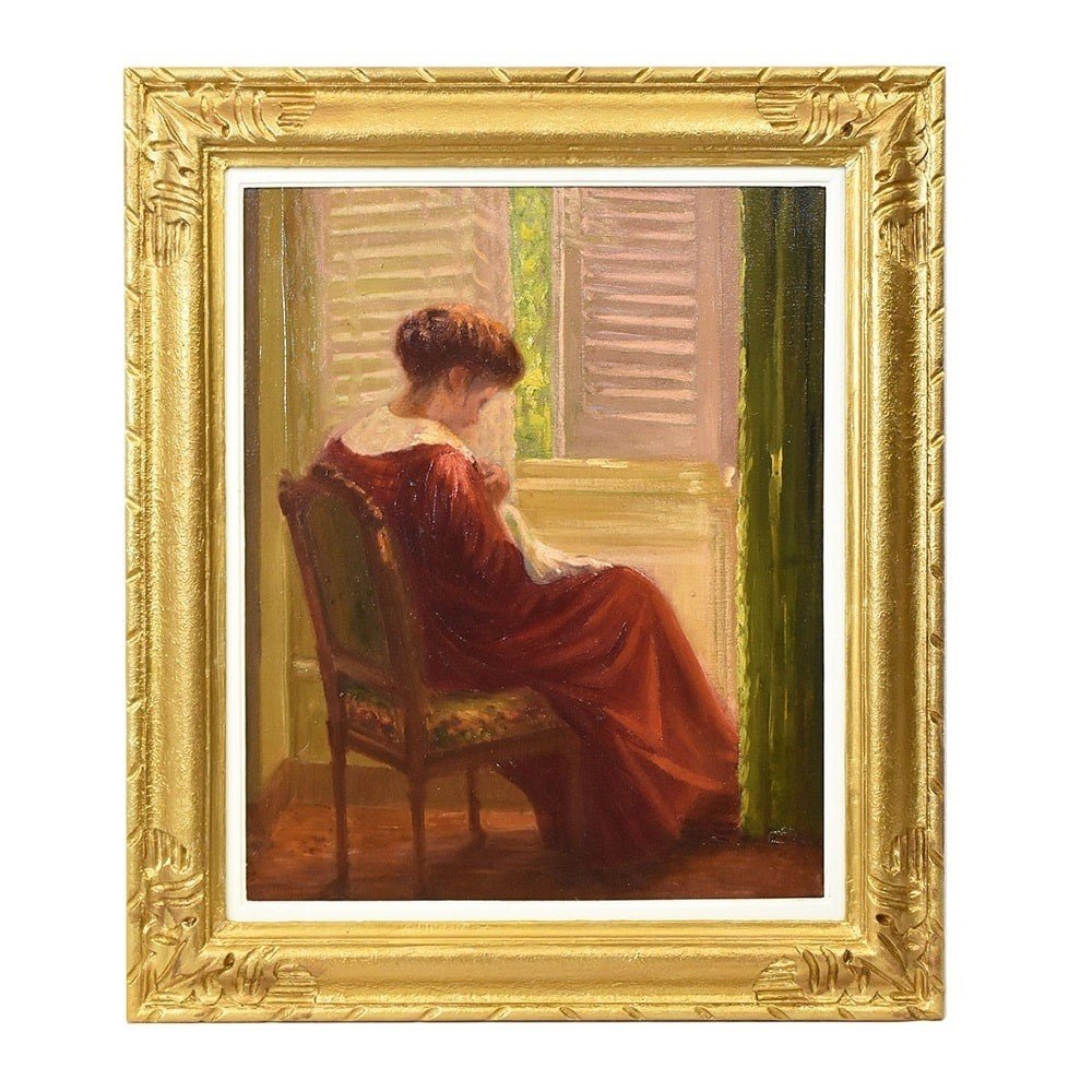 Antique Woman Portrait Painting, Young Woman Sewing, Oil On Canvas, XX Century. (qr604) 