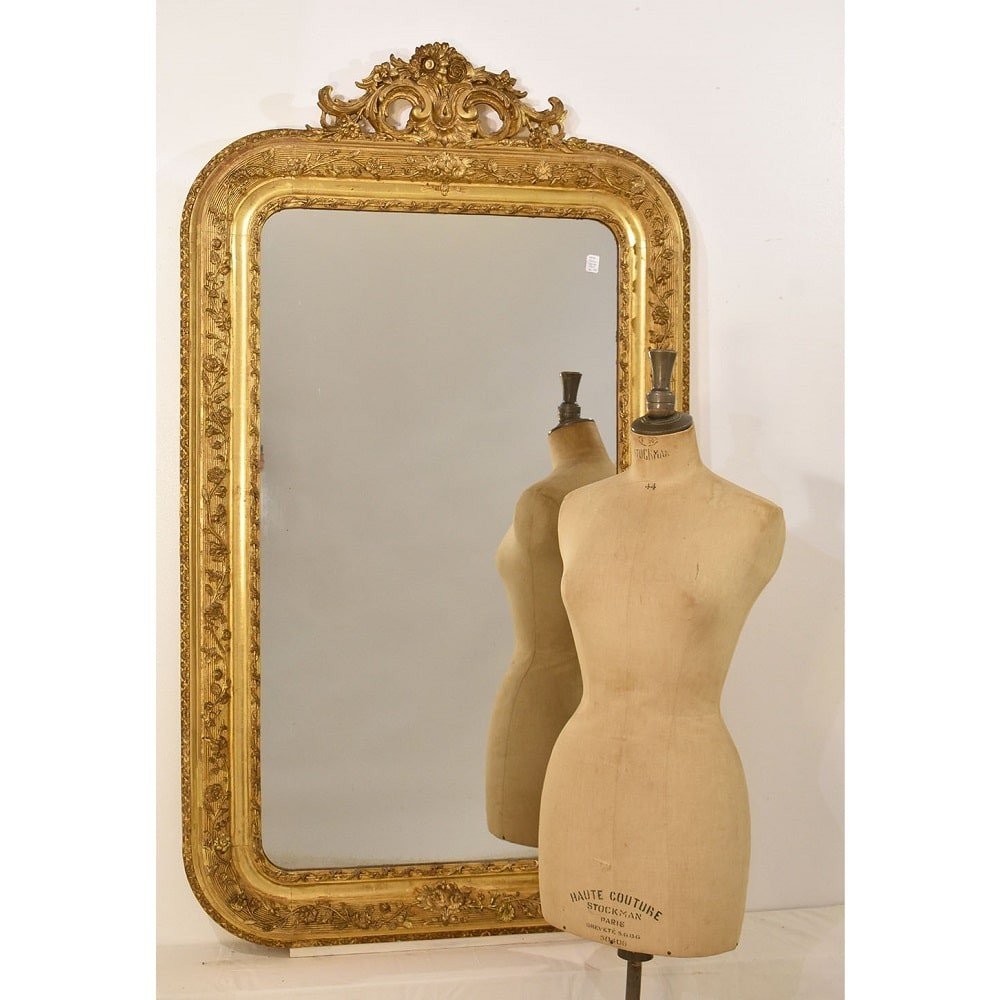 Miroir Louis Philippe, Rectangulaire, Miroirs Doré Anciens Avec Fleurs, XIXè Siècle. (SPC182)