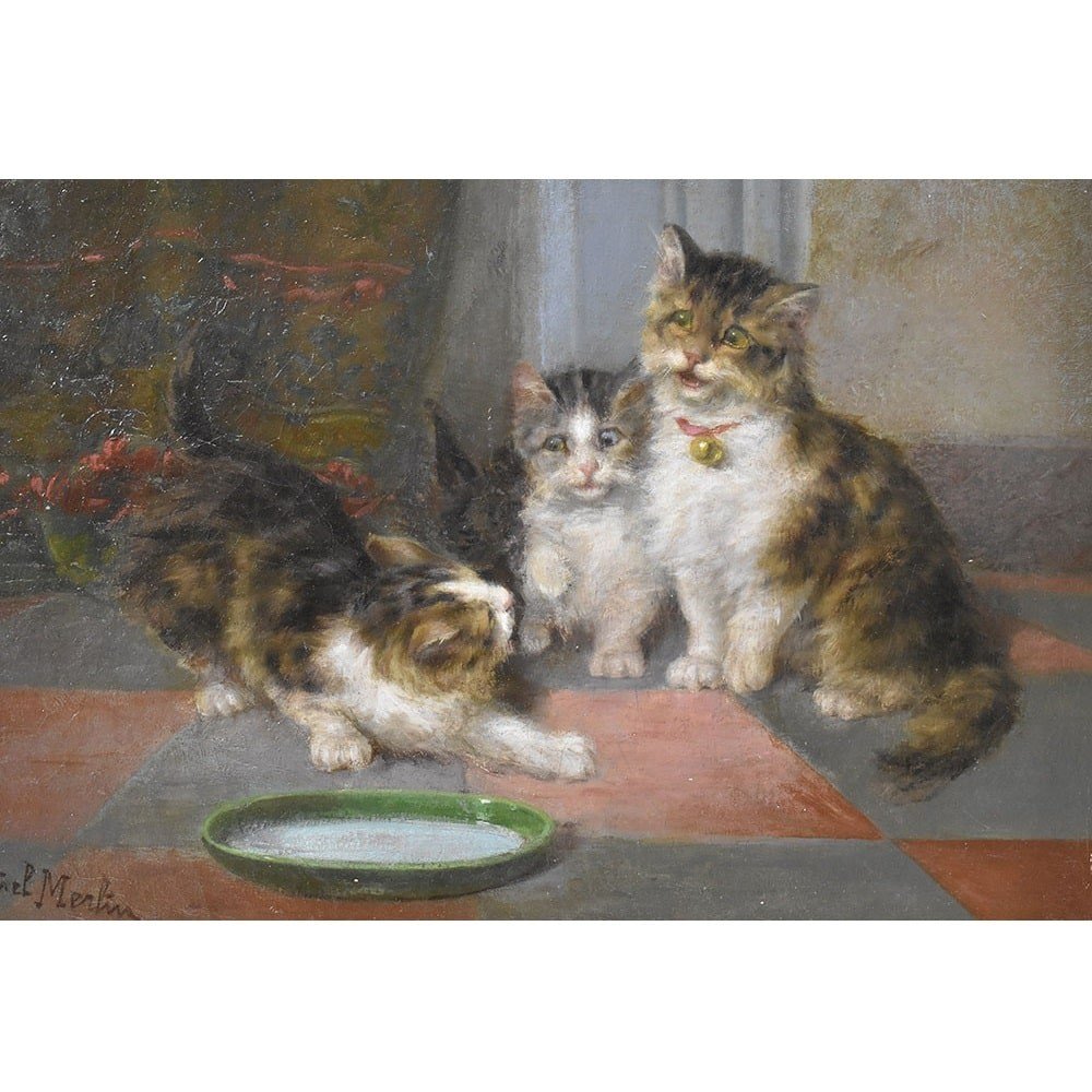 Tableau Ancien, Daniel Merlin, Portraits De Chats, Petits Chatons, XIXè Siècle. (QA624)-photo-2