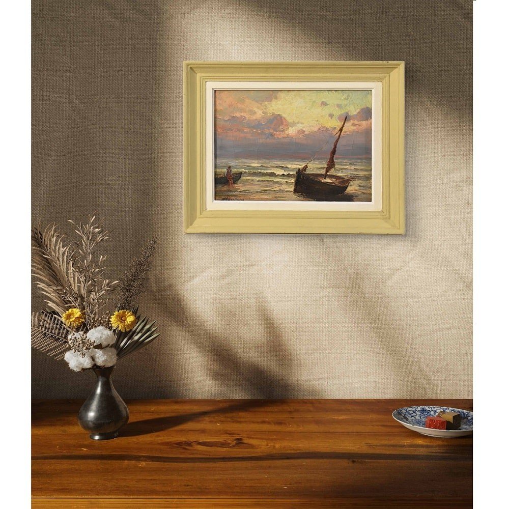 Antique Landscape Oil Painting, Small Seascape With Coast And Sea, XIX Century. (qm625)-photo-2