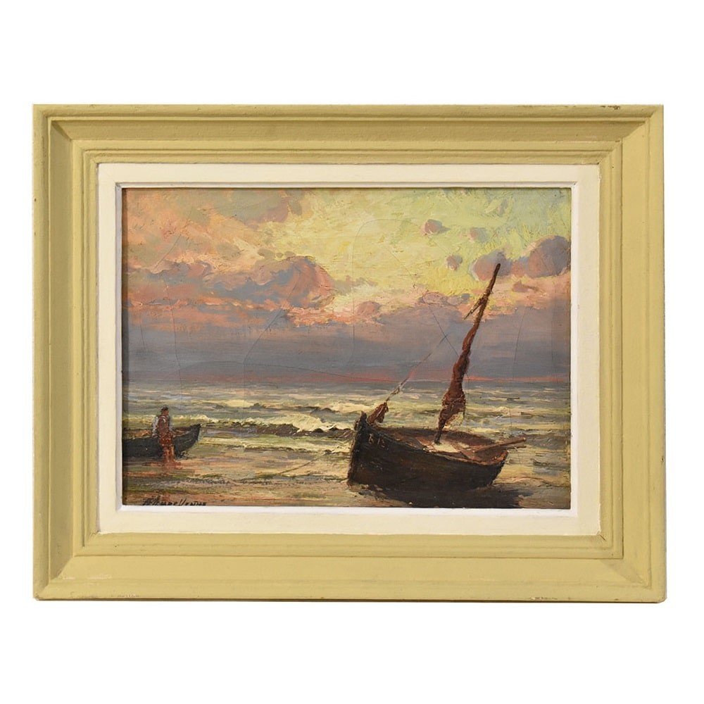 Antique Landscape Oil Painting, Small Seascape With Coast And Sea, XIX Century. (qm625)