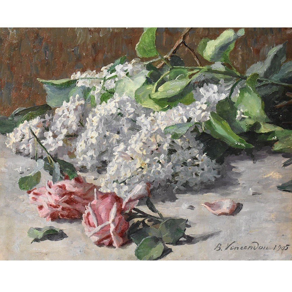 Tableau Ancien Fleurs, Vincendon, Peinture Fleurs Roses Et Lilas, XXè, Art Nouveau. (QF627)-photo-2