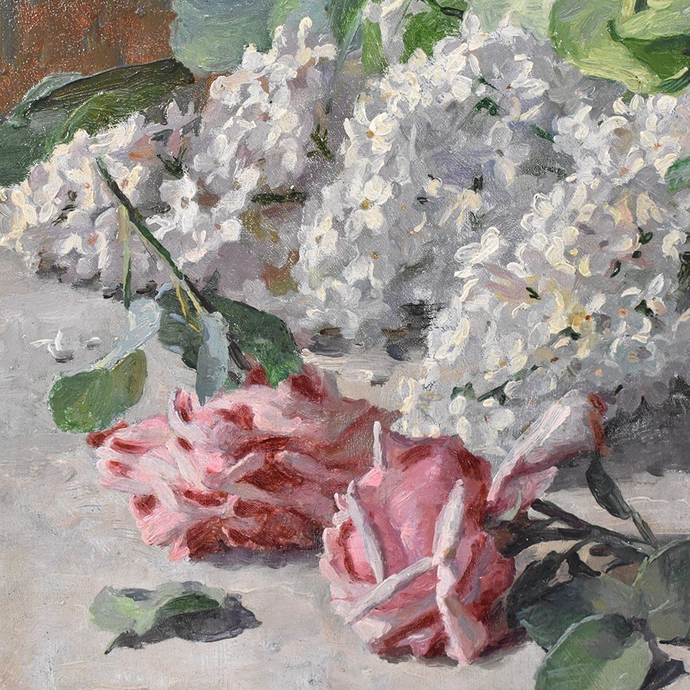 Tableau Ancien Fleurs, Vincendon, Peinture Fleurs Roses Et Lilas, XXè, Art Nouveau. (QF627)-photo-1