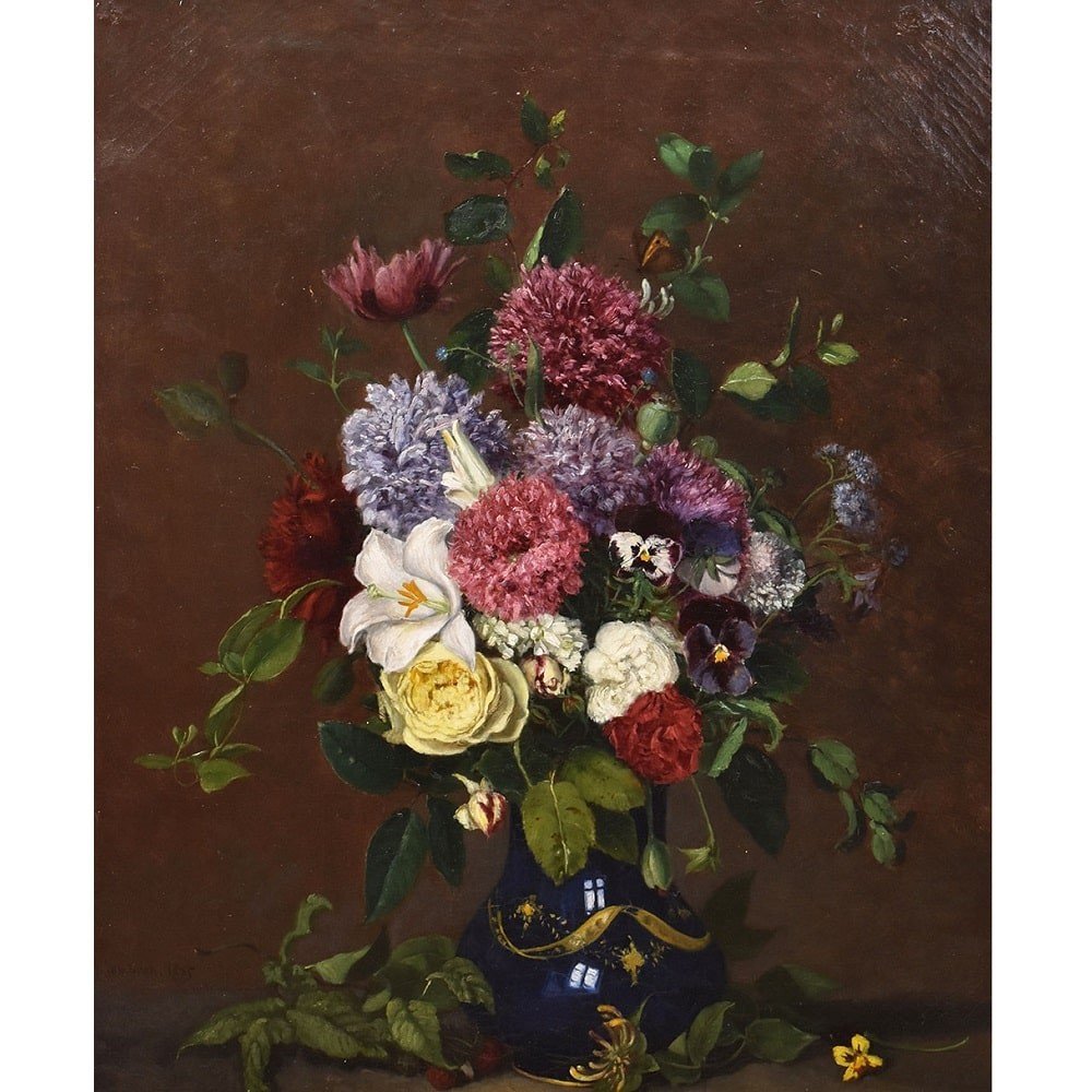 Antique Flower Painting, Lily And Roses, Oil On Canvas, 19th Century. (qf635)-photo-3