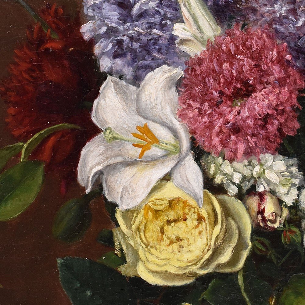 Antique Flower Painting, Lily And Roses, Oil On Canvas, 19th Century. (qf635)-photo-1