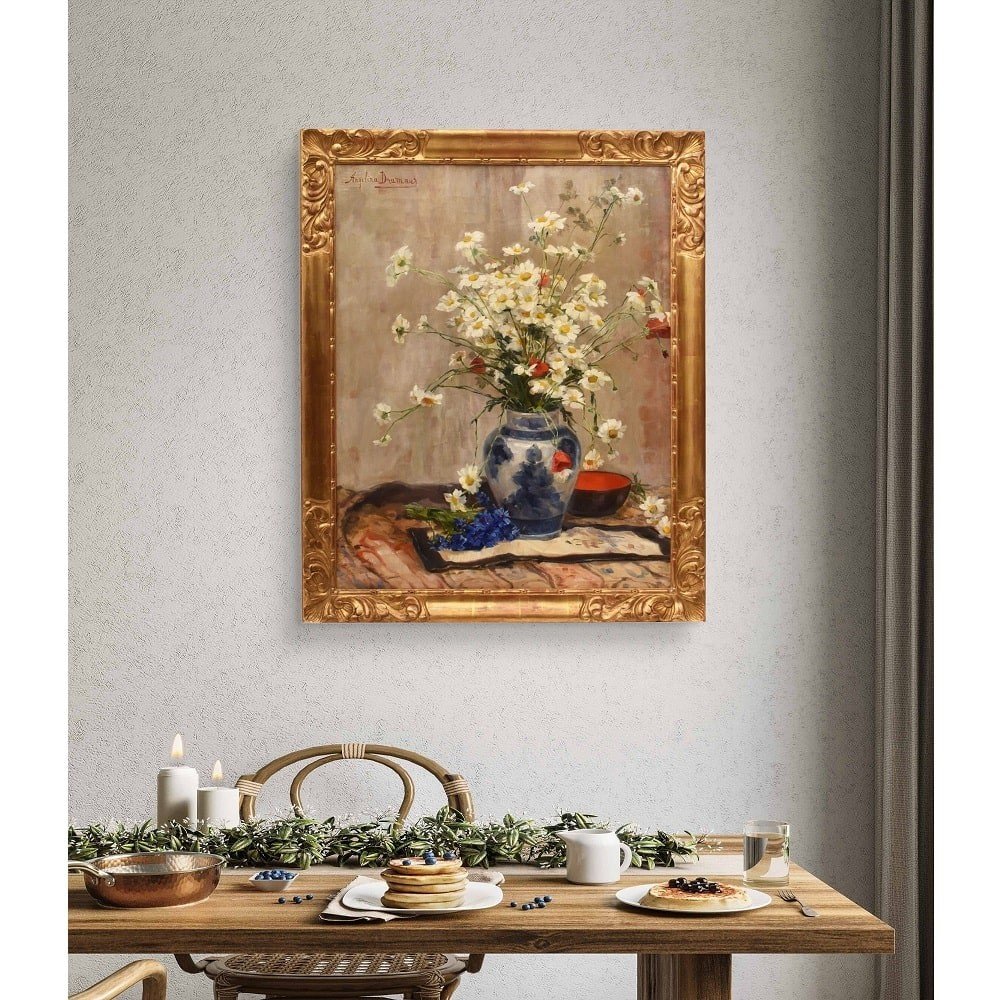 Art Deco Still Life Painting, Flowers Vase Painting, Daisies And Poppies, Oil On canvas.(QF636)-photo-2