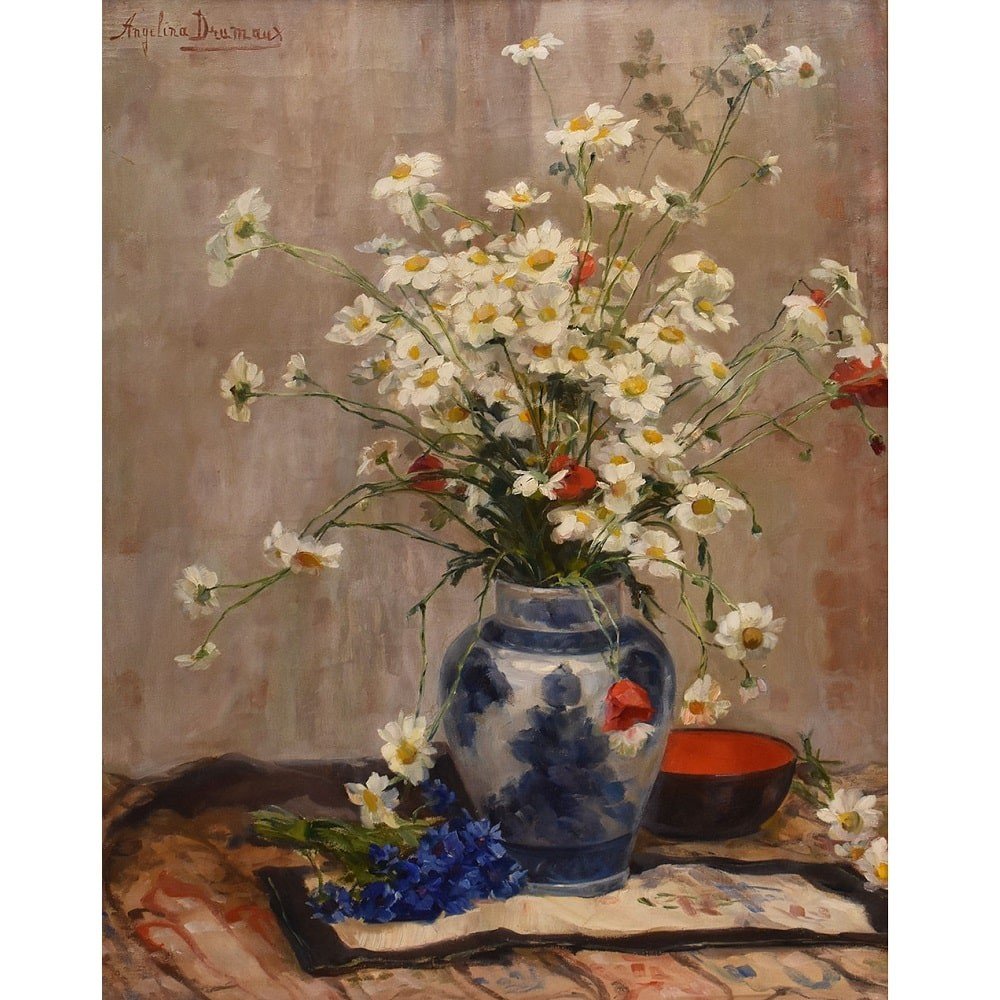 Art Deco Still Life Painting, Flowers Vase Painting, Daisies And Poppies, Oil On canvas.(QF636)-photo-3