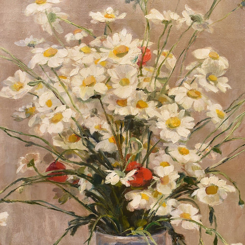 Art Deco Still Life Painting, Flowers Vase Painting, Daisies And Poppies, Oil On canvas.(QF636)-photo-4