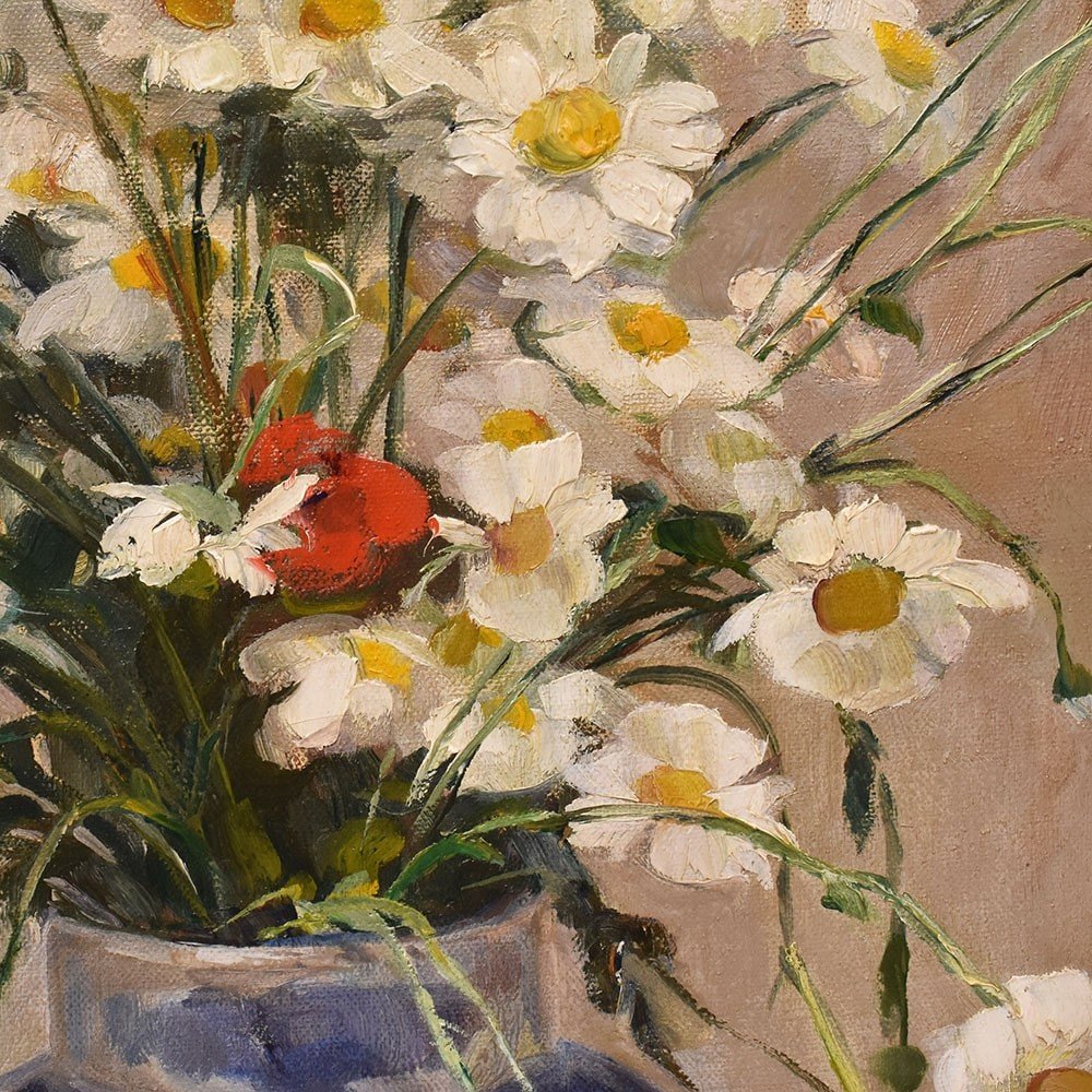 Art Deco Still Life Painting, Flowers Vase Painting, Daisies And Poppies, Oil On canvas.(QF636)-photo-1