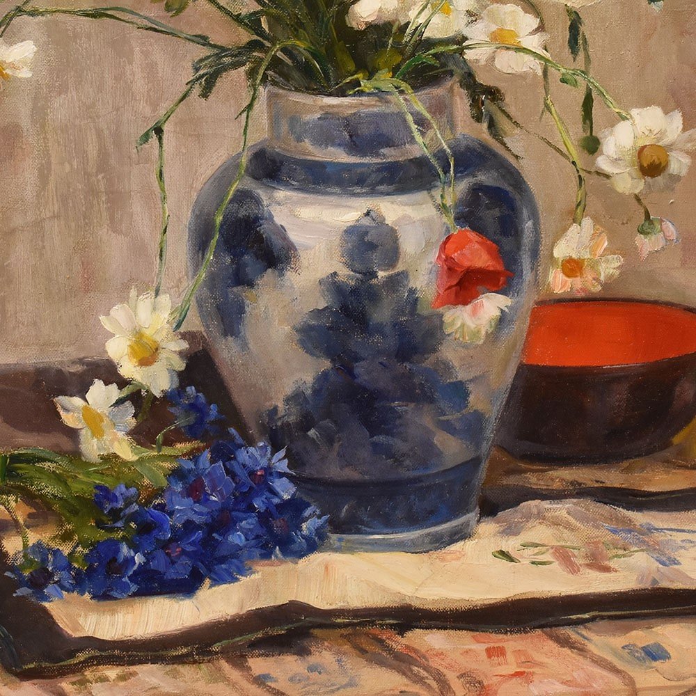 Art Deco Still Life Painting, Flowers Vase Painting, Daisies And Poppies, Oil On canvas.(QF636)-photo-2