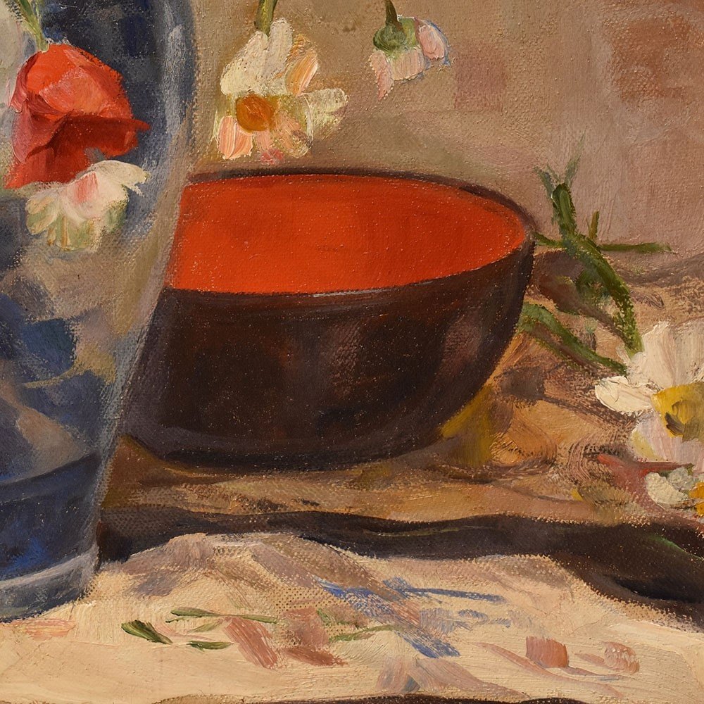 Art Deco Still Life Painting, Flowers Vase Painting, Daisies And Poppies, Oil On canvas.(QF636)-photo-4