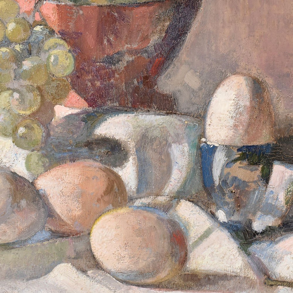 Art Deco Still Life Painting, Eggs And Fruit Painting, Ivan Cerf, Oil On Canvas. (qnm638)-photo-4