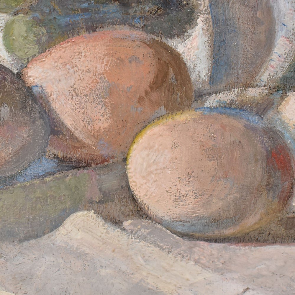 Art Deco Still Life Painting, Eggs And Fruit Painting, Ivan Cerf, Oil On Canvas. (qnm638)-photo-3