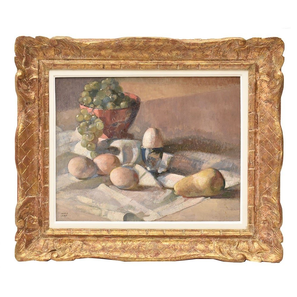 Art Deco Still Life Painting, Eggs And Fruit Painting, Ivan Cerf, Oil On Canvas. (qnm638)