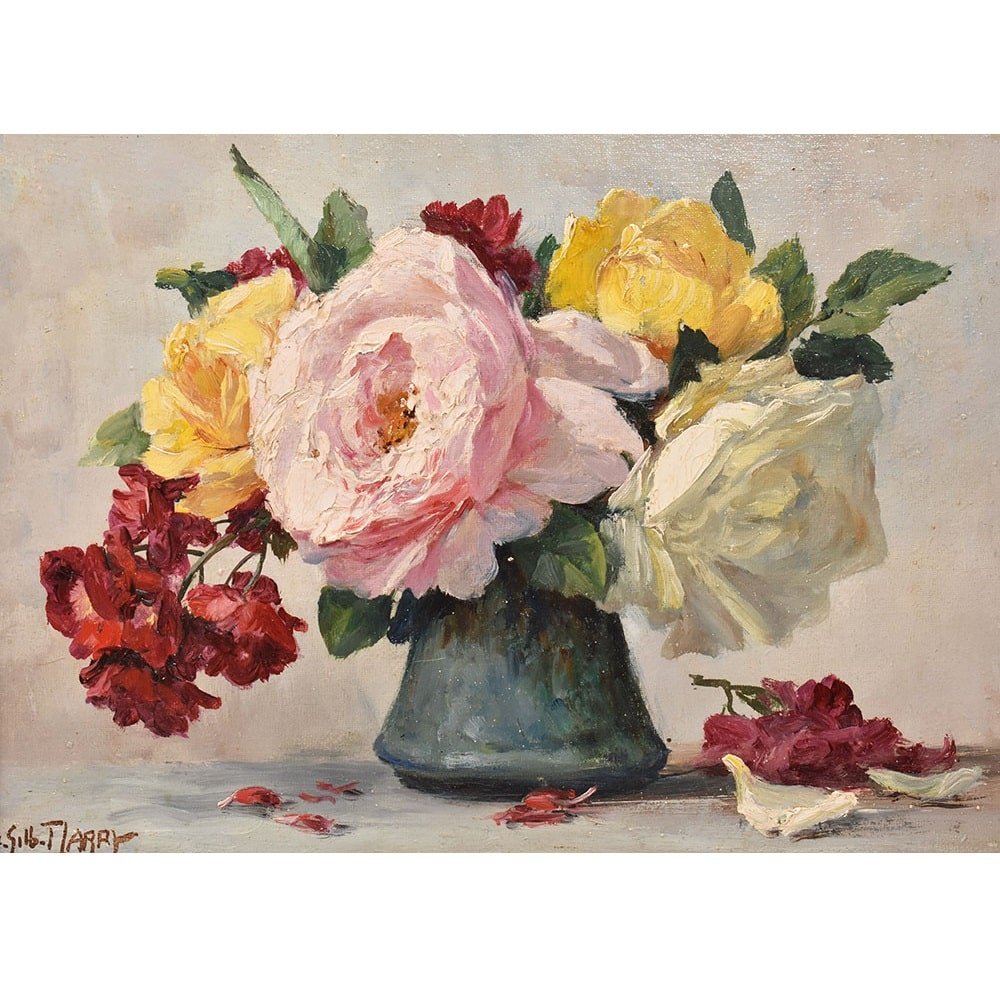 Antique Flower Painting, Small Rose Flowers, Oil On Canvas, 20th Century. (qf639)-photo-3