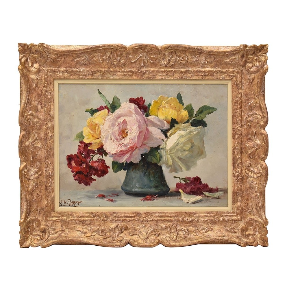  Lucien Gilbert Darpy, Nature Morte Fleurs, Petites Roses, Huile Sur Toile, XX Siècle. (QF639)