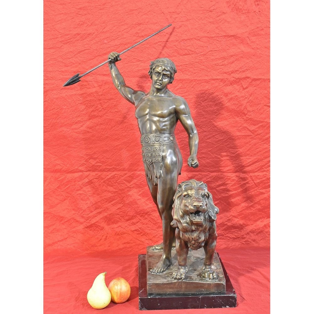 Antique Bronze Statues, Warrior And Lion With Spear, Signed Barye, 19th Century. (stb39)-photo-3