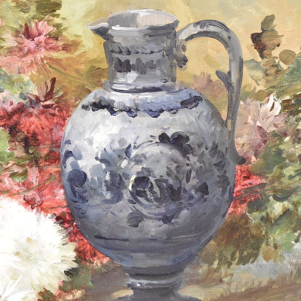 Antique Painting, Oil Painting Flowers, Vase Of Flowers Painting, XIX Century. (qf265) -photo-4