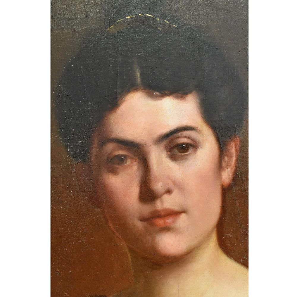 Antique Painting, Elegant Woman Portrait Painting, Oil Painting On Canvas. XIX. (qr272)-photo-4