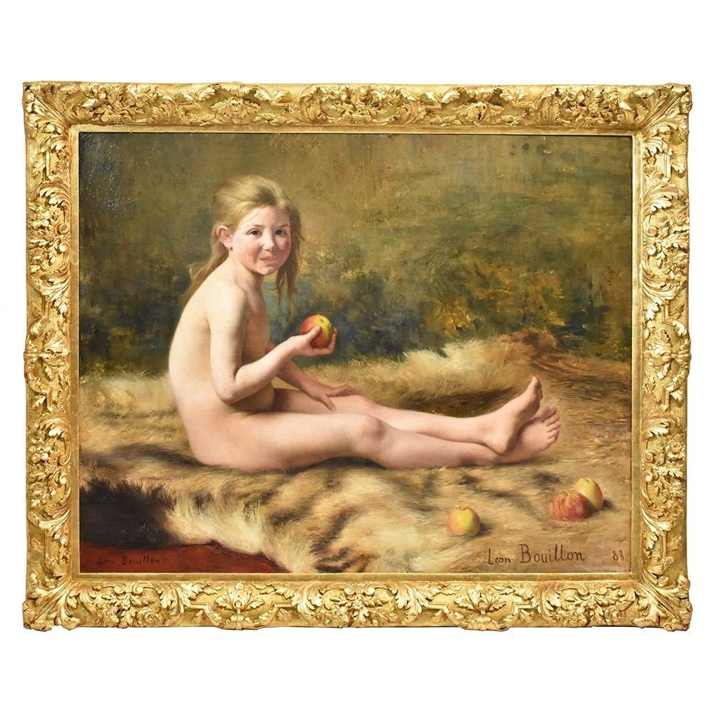 TABLEAUX ANCIENS, PORTRAIT ANCIEN PETITE FILLE ET POMME, HUILE SUR TOILE, XIX. (QR 310)