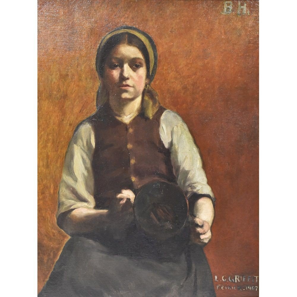  Young Woman Portrait Painting, French Oil Painting On Canvas, 20th Century. (qr 318)-photo-4