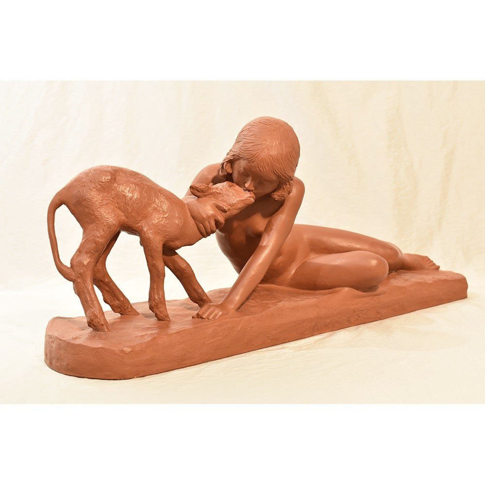 Art Deco Sculpture, Girl And Goat, Terracotta, Signed Ary Bitter, 20th Century. (stte59)-photo-2