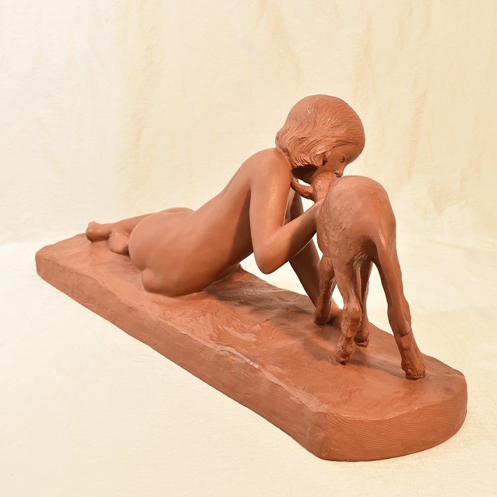 Art Deco Sculpture, Girl And Goat, Terracotta, Signed Ary Bitter, 20th Century. (stte59)-photo-2