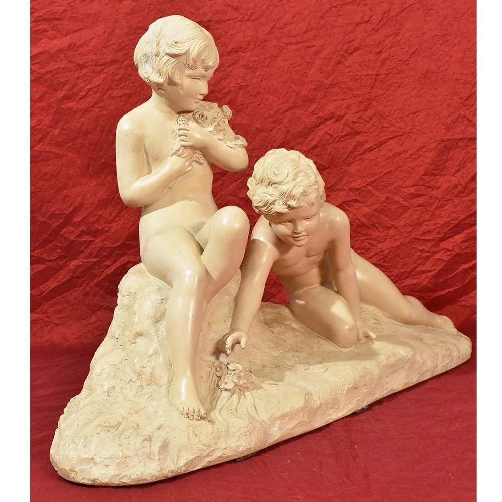 Art Deco Sculpture, Terracotta, Two Children Playing, Ugo Cipriani, 20th Century. (stte70)-photo-2