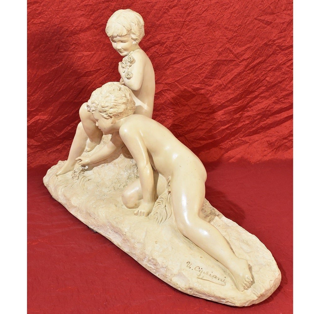 Art Deco Sculpture, Terracotta, Two Children Playing, Ugo Cipriani, 20th Century. (stte70)-photo-4