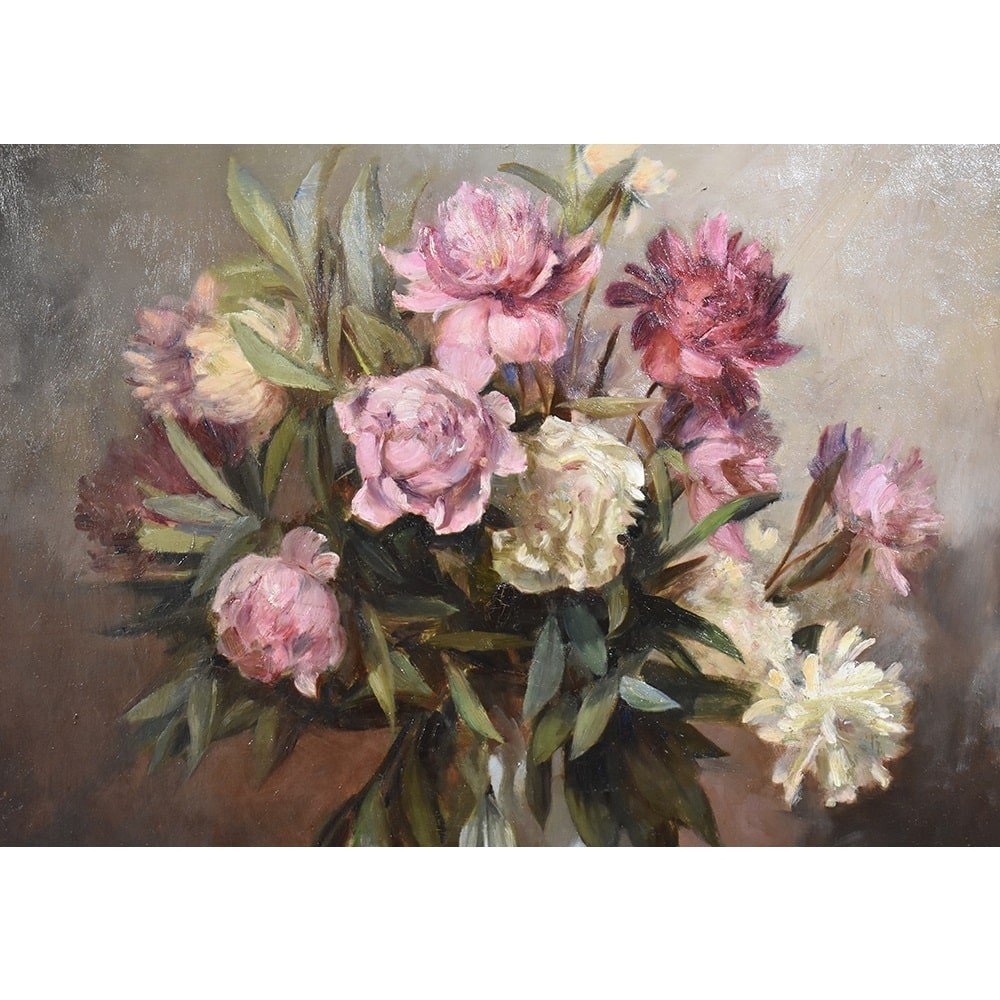 Still Life Painting, Flowers Of Pink Peony, Oil On Canvas, Antique Painting. (qf433)-photo-3