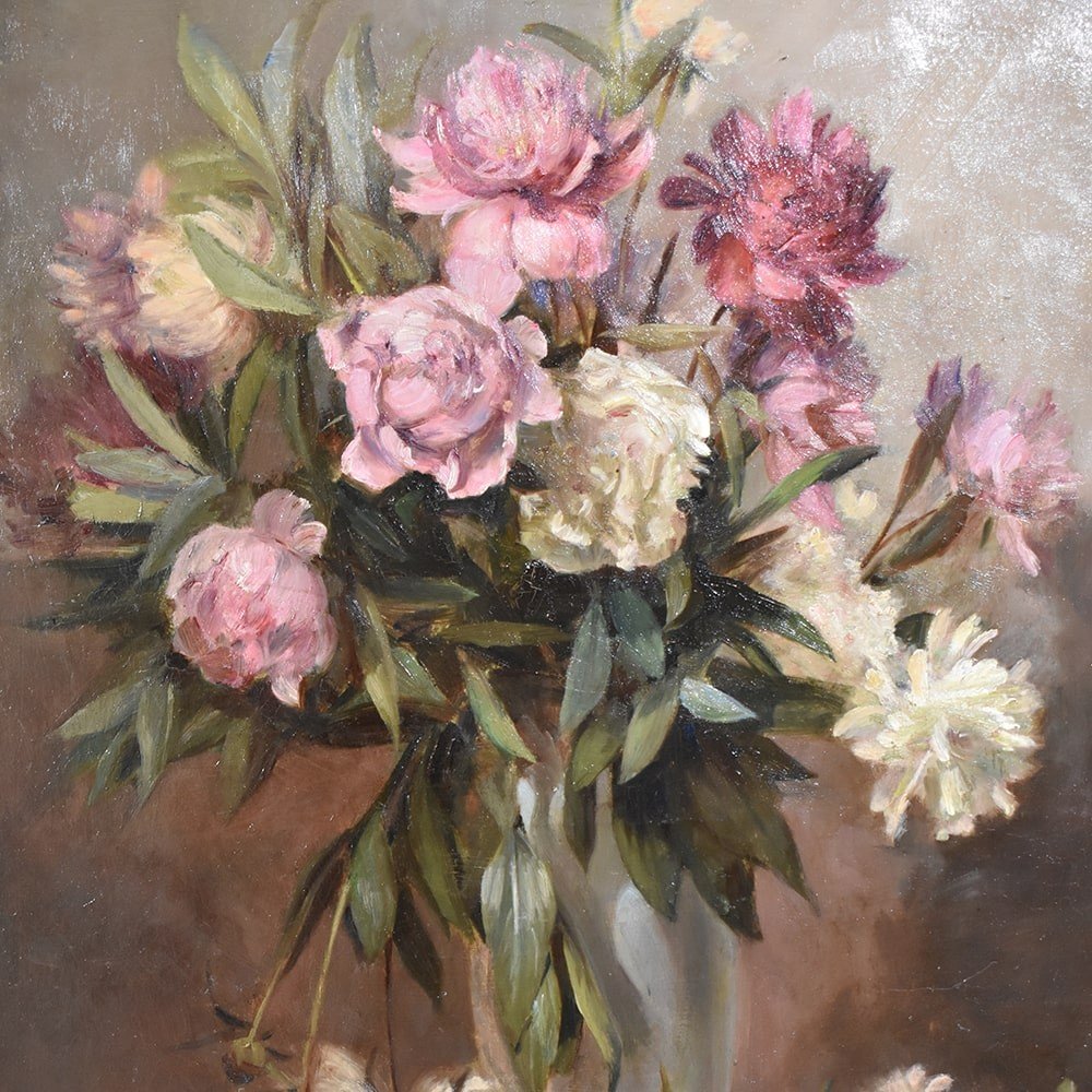 Still Life Painting, Flowers Of Pink Peony, Oil On Canvas, Antique Painting. (qf433)-photo-4