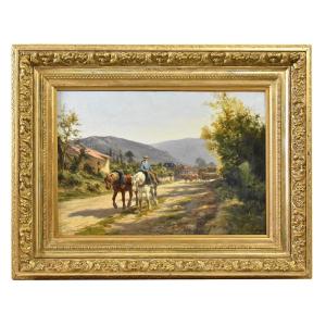 Antique Painting, Landscape Painting With Horses, Nature Painting, XIX Century. (qp469)