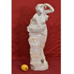 Sculptures anciennes, Sculpture En Albâtre, Jeune Femme, Signé Gambogi, XIX Siècle. (STAL73)