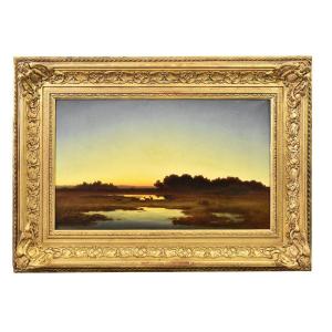 Antique Painting, Landscape At Sunset With Deer, Nature Painting, XIX Century. (qp545)