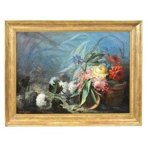 Antique Flower Painting, Dahlias, Roses And Hydrangeas Flowers, Oil On Canvas,  XIX. (qf557)