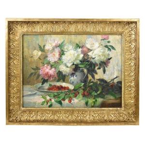 Antique Painting With Flowers, Peonies And Cherries, Still Life Oil Painting, XIX . (qf558)
