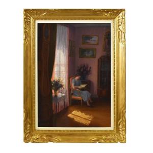 Antique Woman Portrait Painting, Young Woman Reading, Oil On Wood, XX Century. (qr575) 